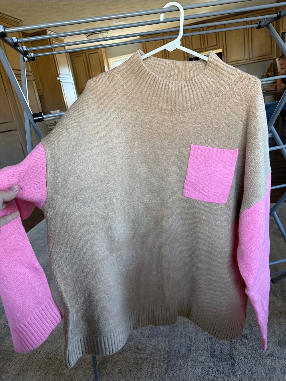 First Love Two-Tone Crewneck Sweater in Tan and Pink